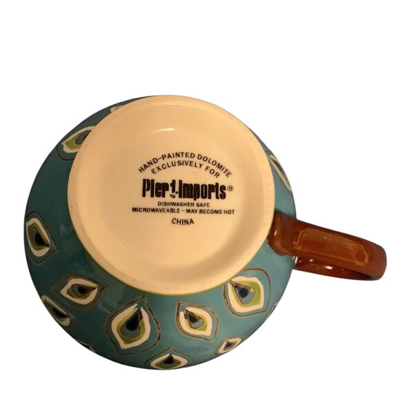 Pier 1 Imports Dolomite Peacock Hand Painted Footed Coffee Mug Tea Cup 3.5” Tall - Picture 4 of 5